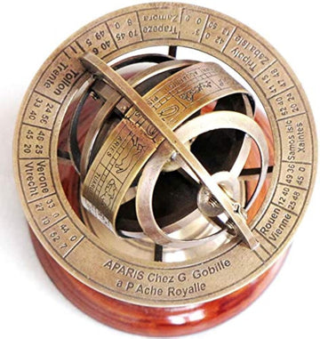 Antique Brass Sphere Astrolabe Armillary Globe Decor Vintage Wooden Base