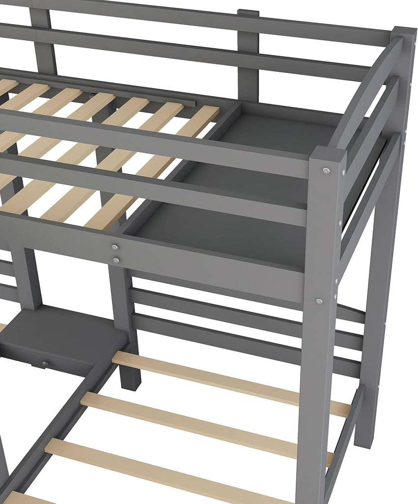 Triple Bunk Bed with Stairs and Storage Staircase, Twin Over Twin & Twin L-Shaped Bunk Bed for 3
