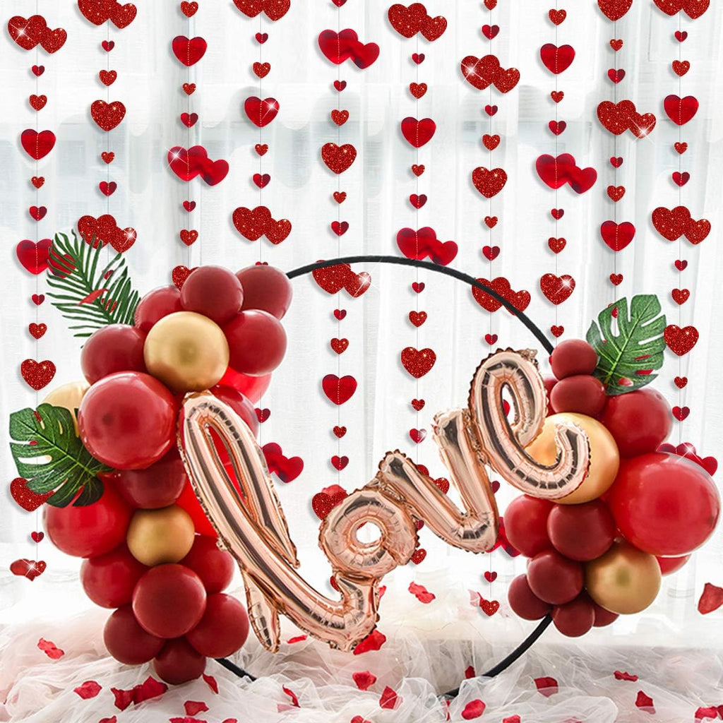 52Ft Valentines Day Party Decorations Red Heart Garland Metallic Glitter Hanging Heart Streamer Banner - Set of 4