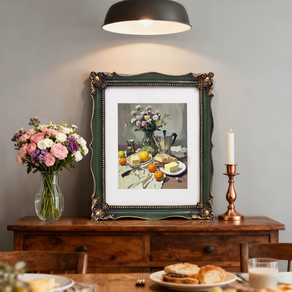Vintage 11x14 Picture Frame with Embossed Flower, Green Ornate Frame for 11x14 or 8x10 Photos with White Mat