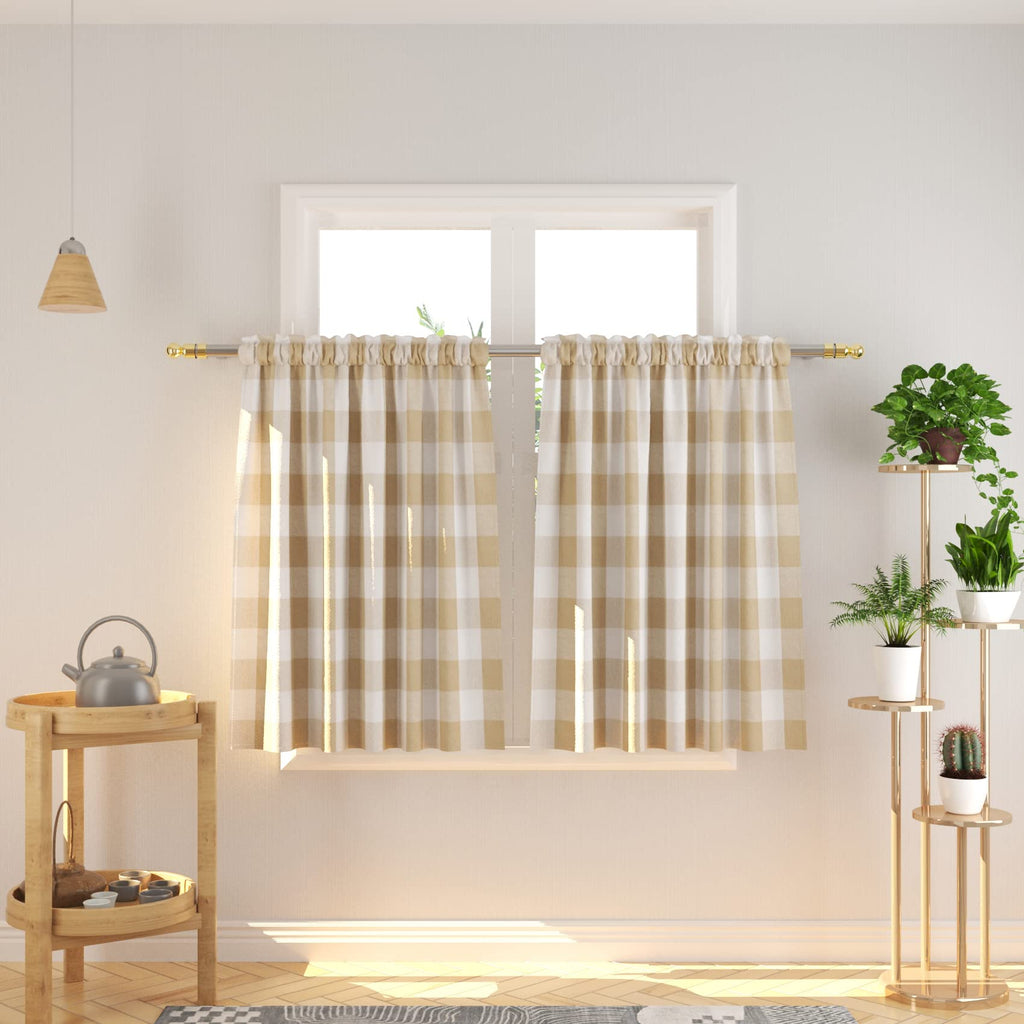 3 Pc Cotton Classic Country Farmhouse Kitchen Window Curtain -Beige & White Buffalo Check Tier & Valance Set, 54" x