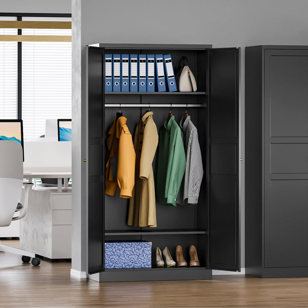 Wardrobe Closet with 2 Doors, 72" Metal Wardrobe Cabinet with Hanging Rod, Bedroom Armoires Laundry Room and Office