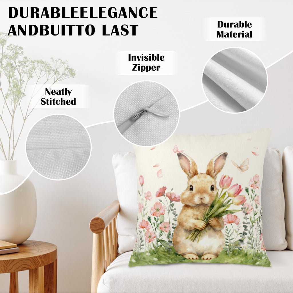 Easter Bunny Outdoor Pillow Covers 16x16 Set of 2 Watercolor Pink Flowers Pillows Cases Farmhouse Rabbit Floral