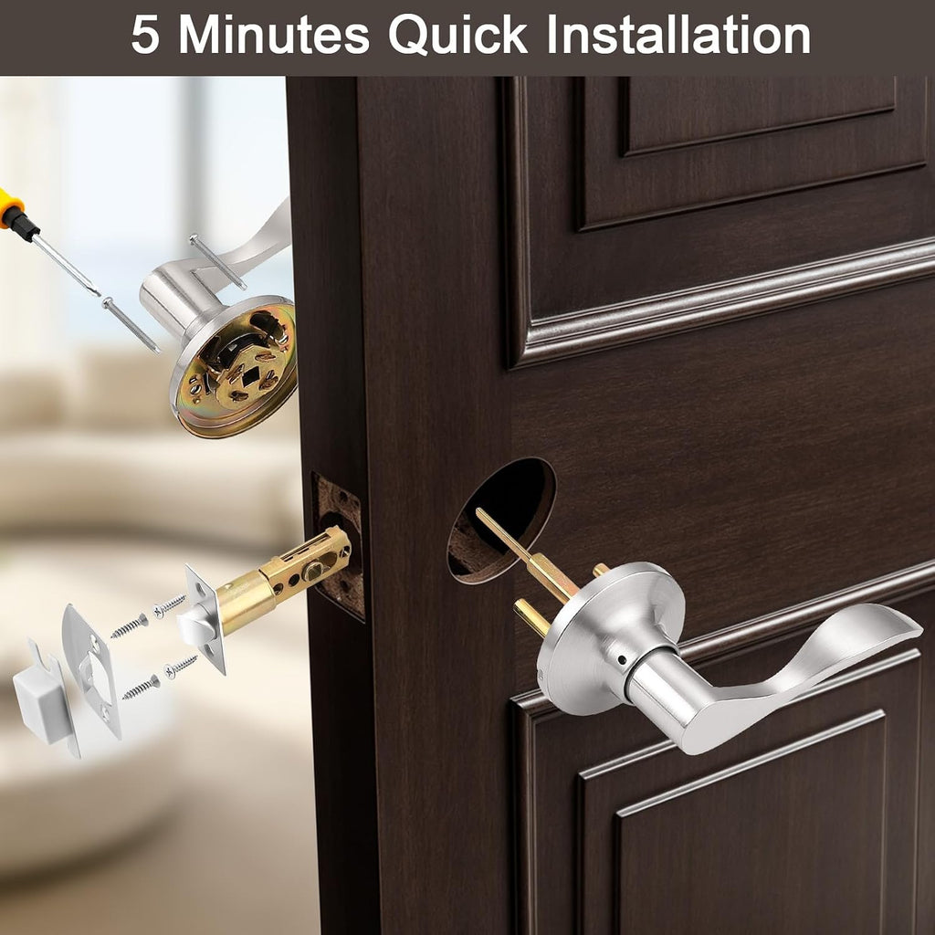 10 Pack Satin Nickel Modern Interior Passage Door Knobs, Keyless Door Handle & Closet, Wave Style Non-Locking Door