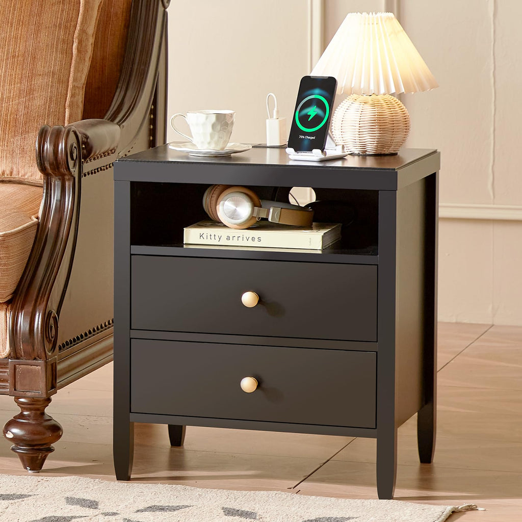 Nightstand with Charging Station, Black Nightstand with 2 Drawers