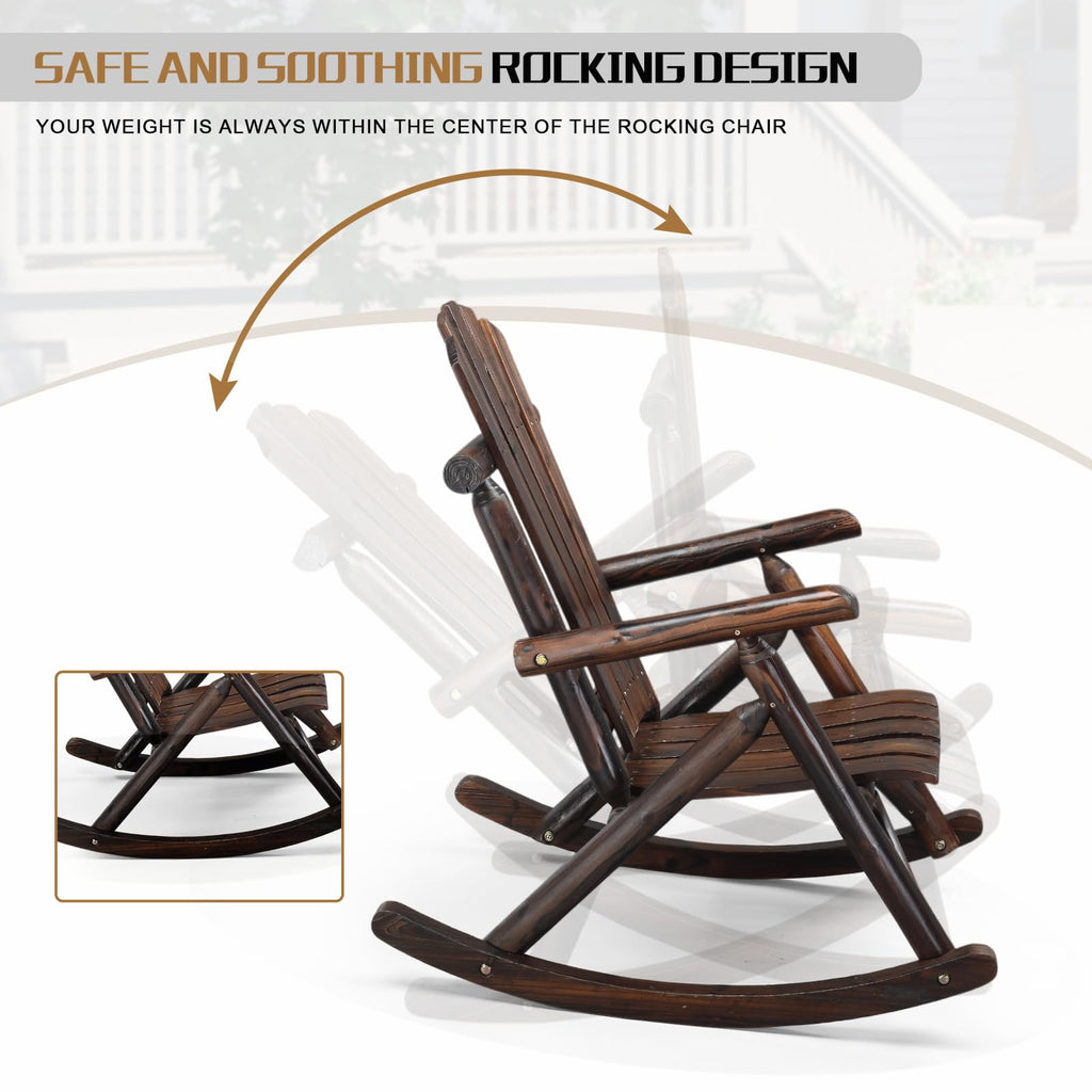 Wooden Rocking Chair Set of 2, Fir Log Adirondack, Dark Brown