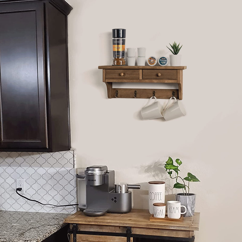 Coat Hooks Mounted, Rustic Wood Coat Rack Mount Shelf with Hooks, Farmhouse Coat Rack with Shelf & Coat Hook