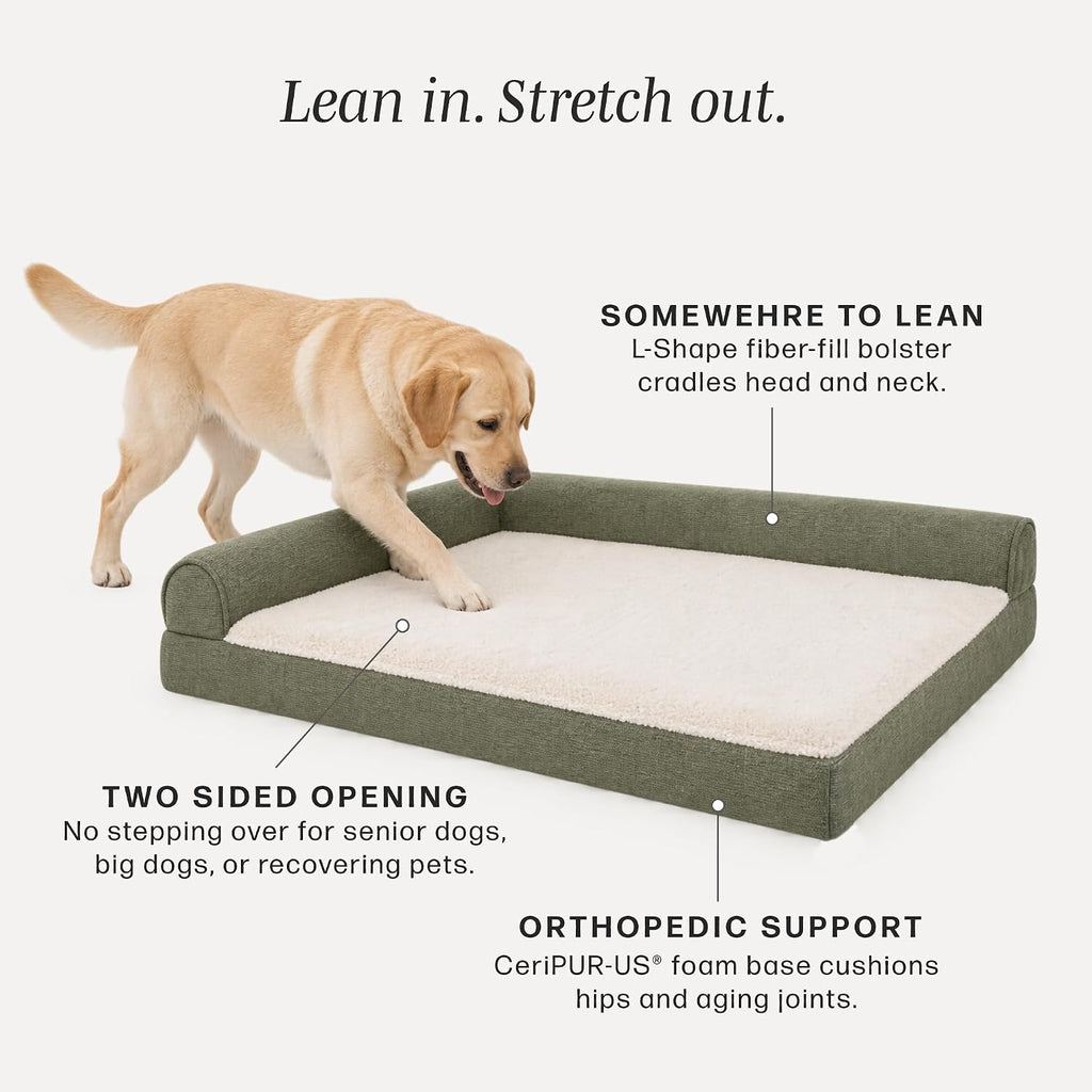 Leaner Orthopedic Chaise Dog Bed, L-Shaped Bolster, Jumbo+, Sage