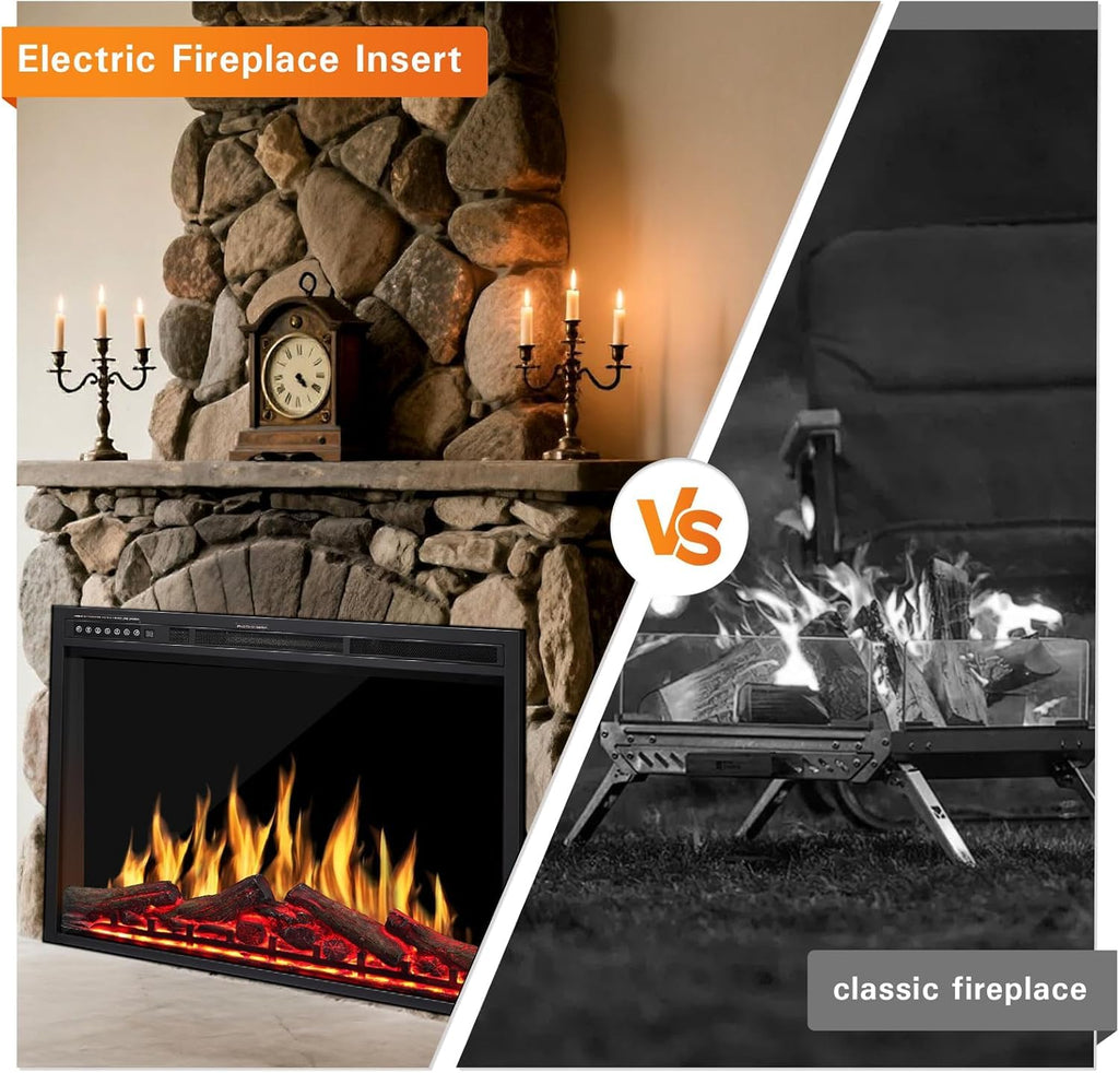 34" Electric Fireplace Insert, Adj.Flame & Log Colors, Remote, 750/1500W