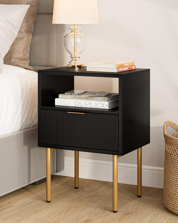 Nightstand, Mid-Century Modern Bedside Table with Storage Drawer and Open Wood Shelf, Small Gold Frame Side Table, Black