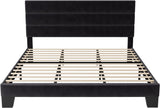 King Platform Bed Frame with Velvet Upholstered Headboard and Wooden Slats Support