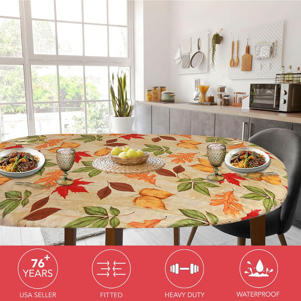 Fitted Tablecloth Oval Leaves Vinyl Elastic Edge