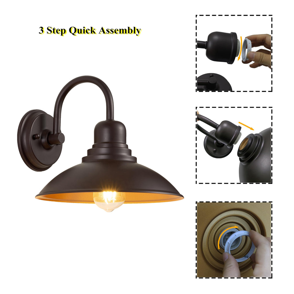2 Pack Bronze Vanity Barn Lights, Farmhouse Gooseneck Wall Sconce with E26 Socket, Round Outdoor/Indoor Metal Light