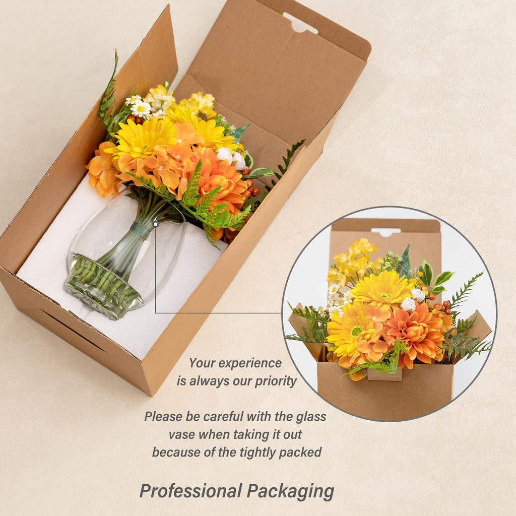Artificial Flowers in Vase with Fake Water, Faux Silk Orange Yellow Flower