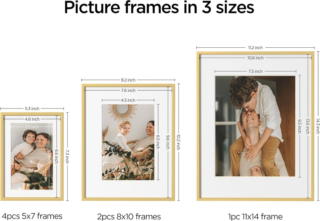 Aluminum Gallery Wall Frame Set of 7 with Glass Cover, Gold | Including 1Pc 11x14, 2Pcs 8x10, 4Pcs 5x7 Photo Frames