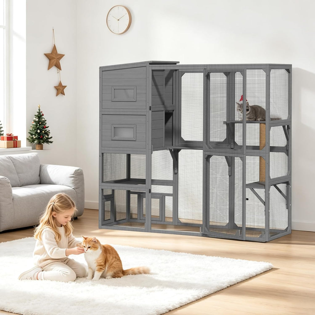 Catio Outdoor Cat Enclosure, 70 inch Large Cat House, Grey