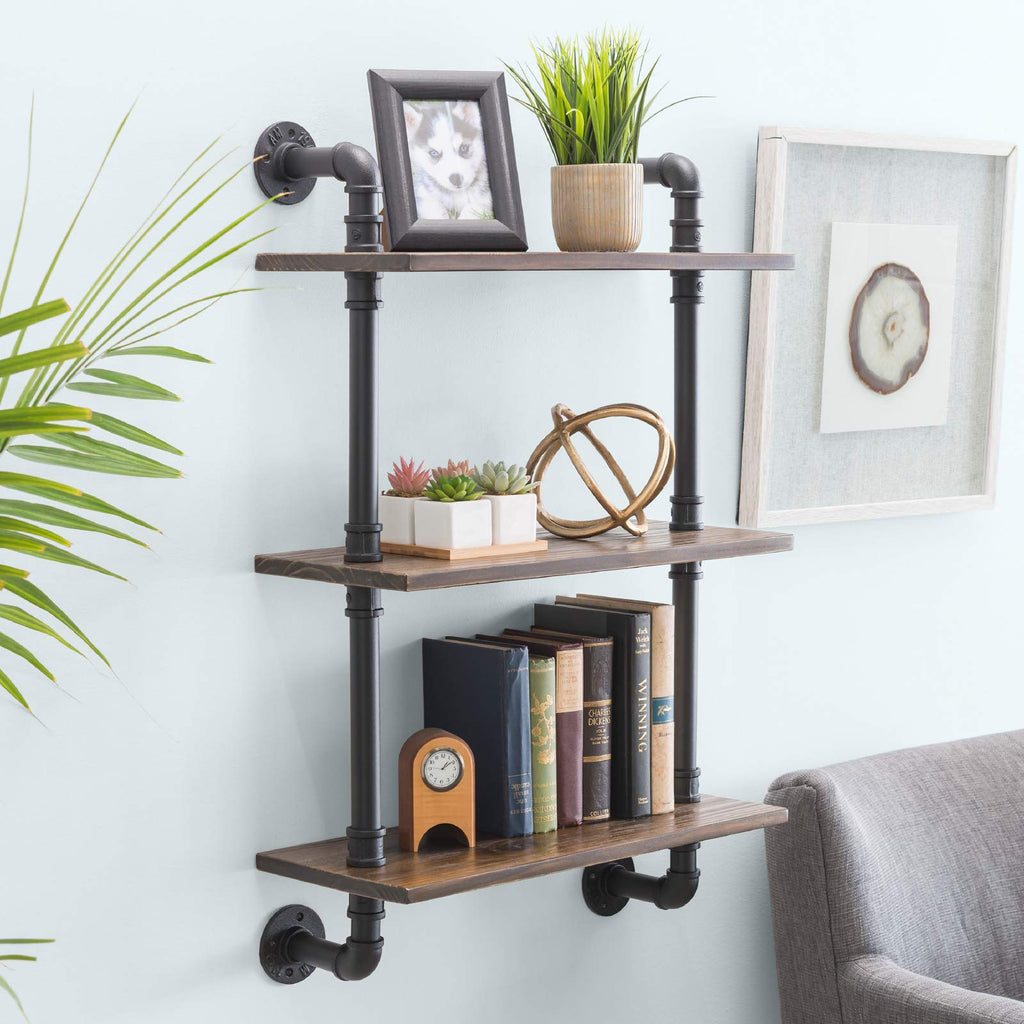 3-Tier Rustic Wooden Wall Floating Shelf Display 24"x36" With Iron Pipe
