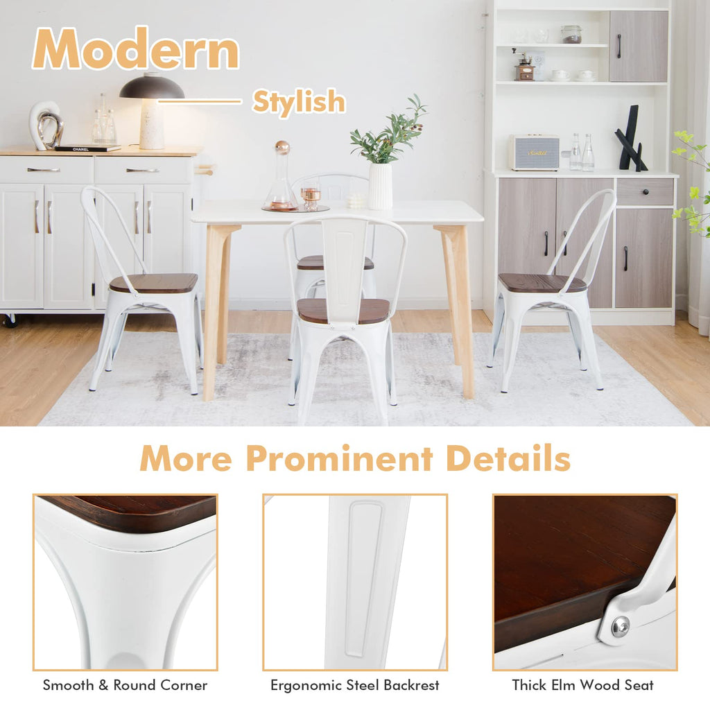 Set of 4 Metal Dining Chairs with Wood Top Seat, Tolix Style Stackable Bistro Cafe Side Chair, Indoor Outdoor Dining