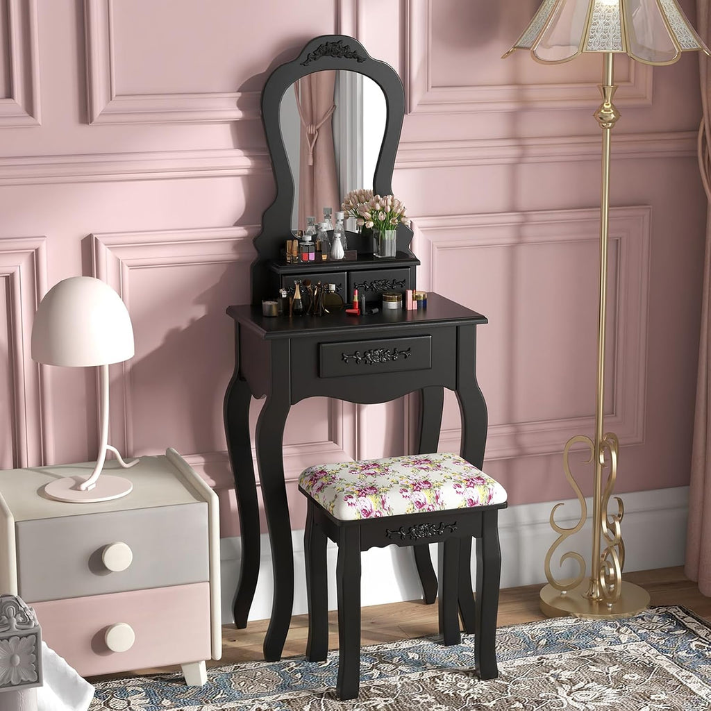 Small Vanity Desk Set, Black Makeup Vanity Table with Mirror, Cushioned Stool, 3 Storage Drawers, 20 inch Girls