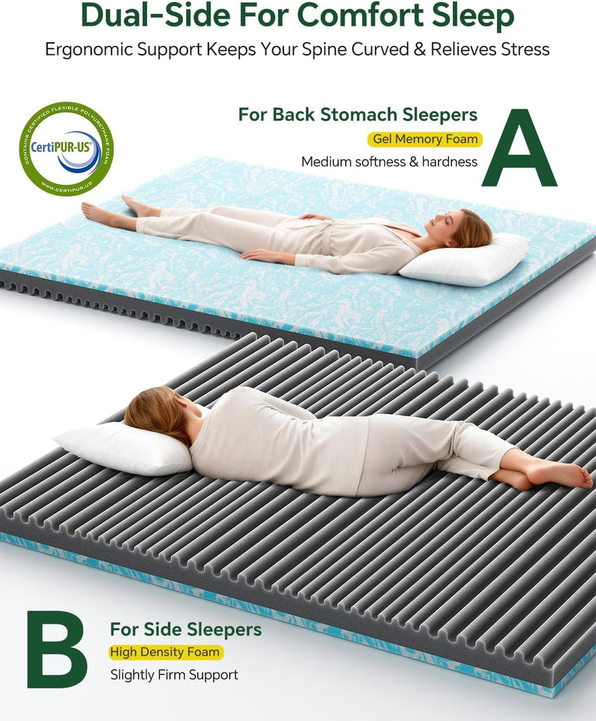 Queen Size Memory Foam Mattress Topper Bamboo Viscose for Pressure Relief | 3 inch Firm Mattress Pad DualSide, Back