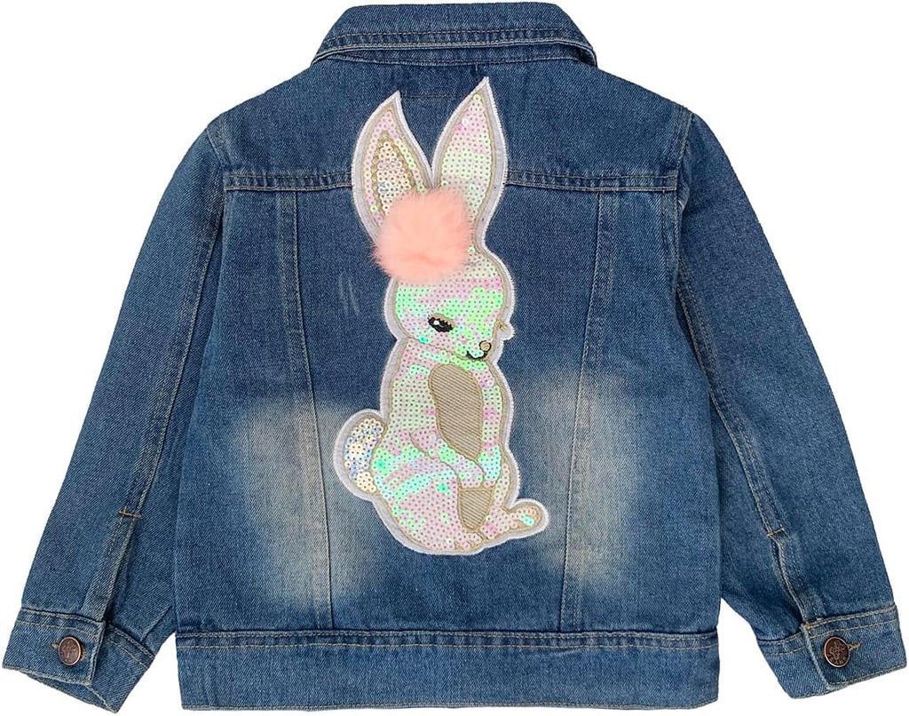 Peaoclate Little Big Girls Embroider Rabbit Denim Jacket