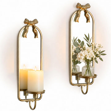 Gold Mirrored Candle Sconces Set of 2 with Arch Metal Frame
