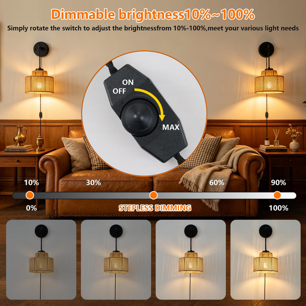 Rattan Plug in Wall Sconces 2 Pack with Dimmable Switch on 6.56FT Cord