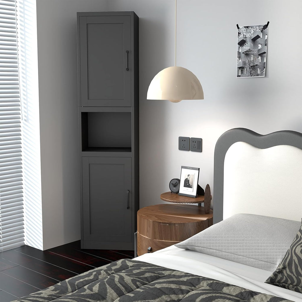 67" Metal Bathroom Storage Cabinet, Black | Tall Narrow Design, 2 Doors & 6 Shelves, Slim Skinny Cabinet, Multi-Room