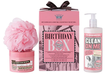 The Birthday Box - Clean On Me Shower Gel, The Righteous Butter Body Butter with Shea Butter & Shower Puff - Rose &
