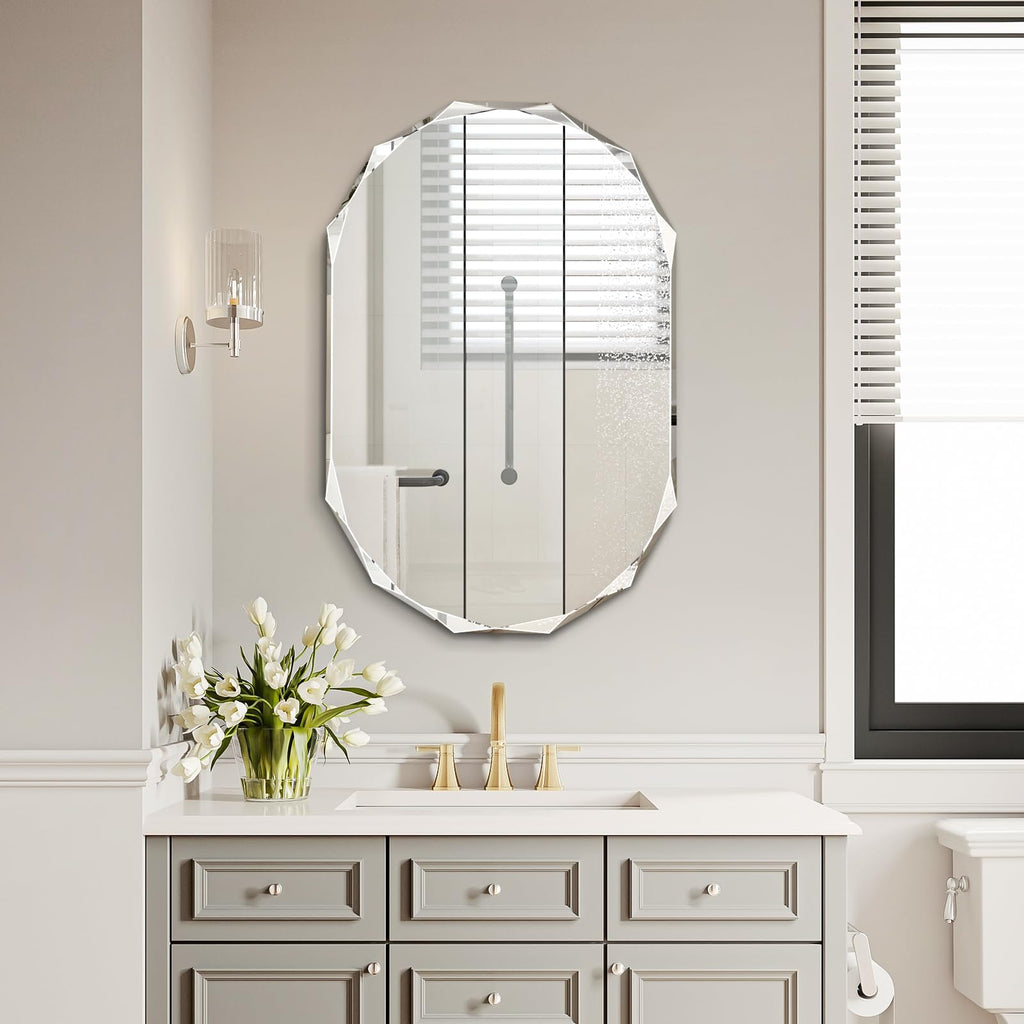 Single Beveled Edge Bathroom Vanity, 23.6" x 35.4" Oval Wall, Shatterproof Frameless for Over Sink, Restroom