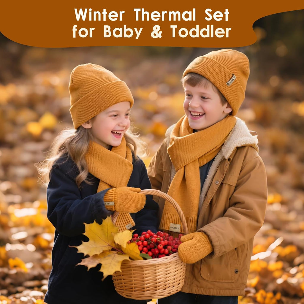 Baby Beanie Boys Winter Hat Gloves Girls Scarf Set Fleece Lined Knit