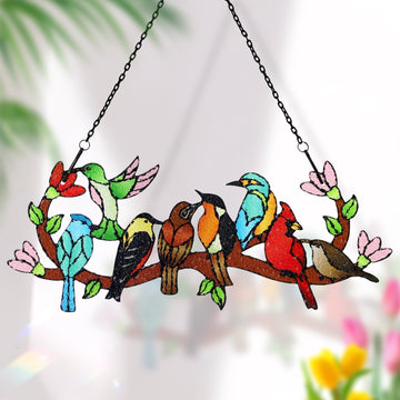 Stained Glass Window Hanging Birds On Branch Suncatcher Decor