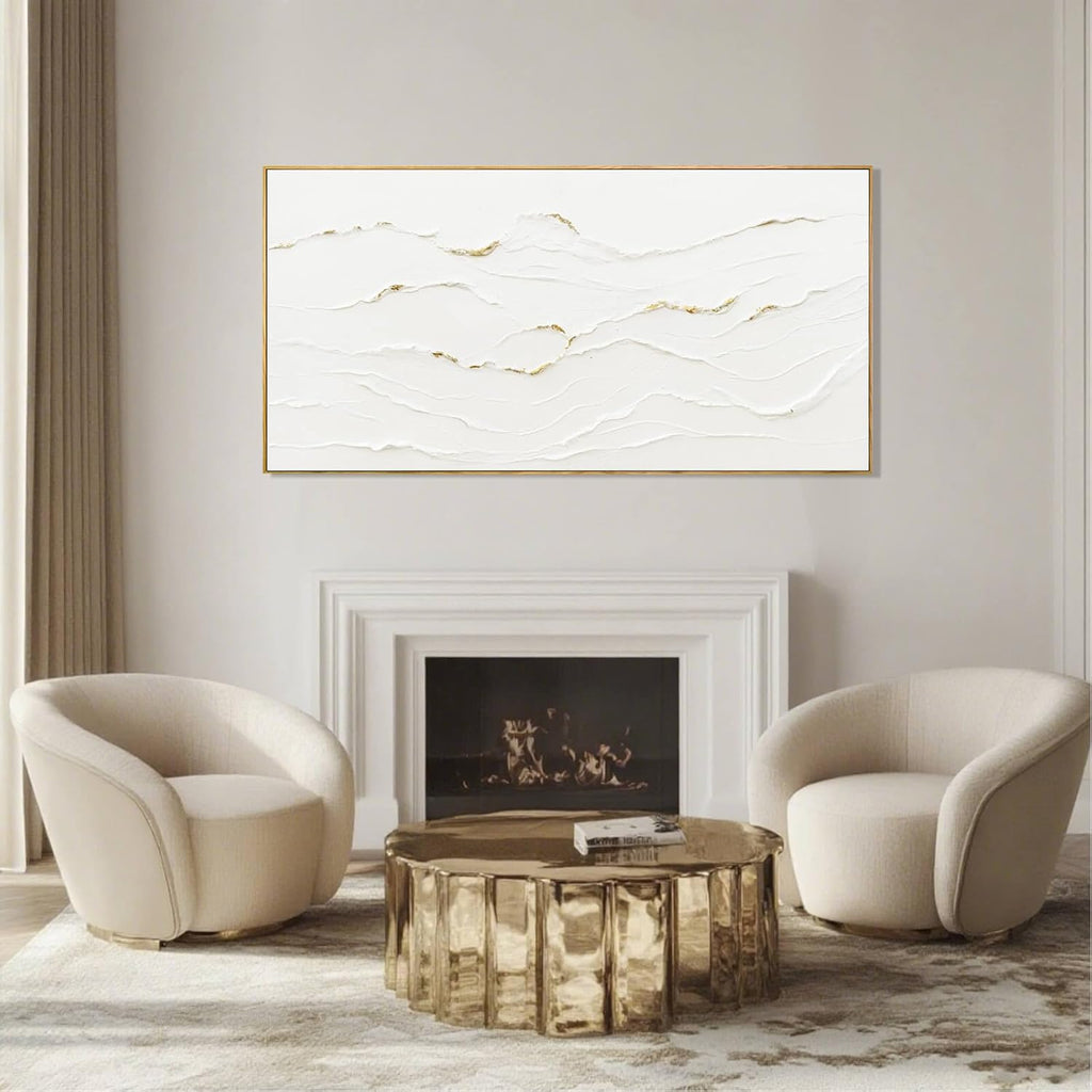 Minimalist White and Gold Line Artwork with Frame Hand Painted Abstract Canvas Wave Wall Art Living Room Office