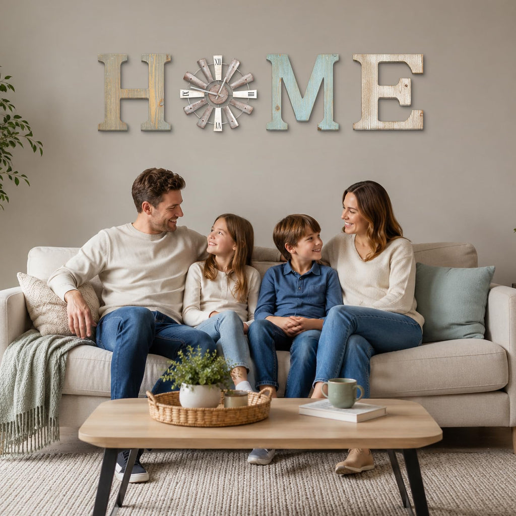Farmhouse Home Signs with Windmill Clock Wall Decor Rustic Home Letters Wall Art Kitchen Entryway Dining Room Bedroom