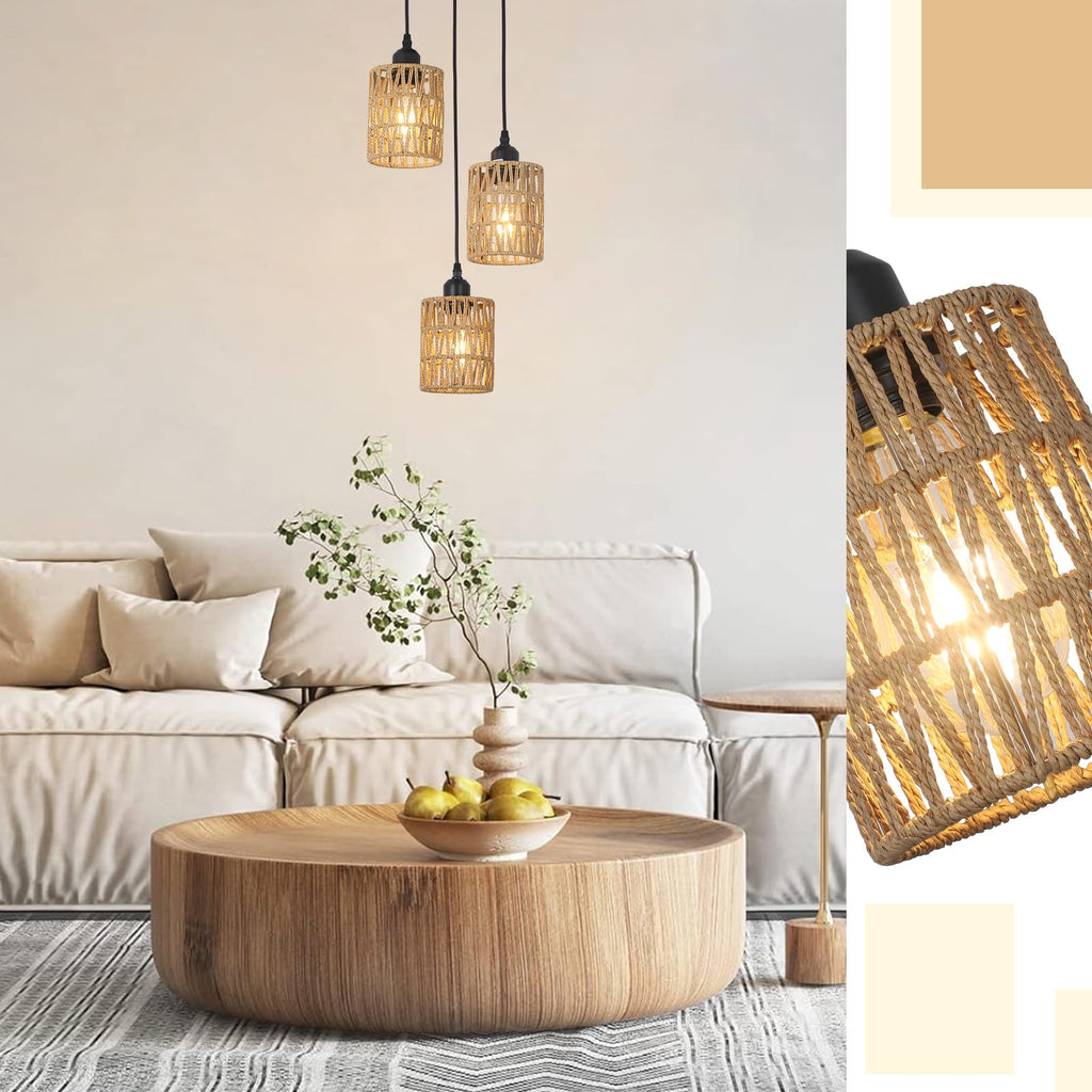 3 Lights Rattan Pendant Light, Farmhouse Dining Room Light Fixtures Ceiling Hanging, Boho Pendant Lighting with Hand