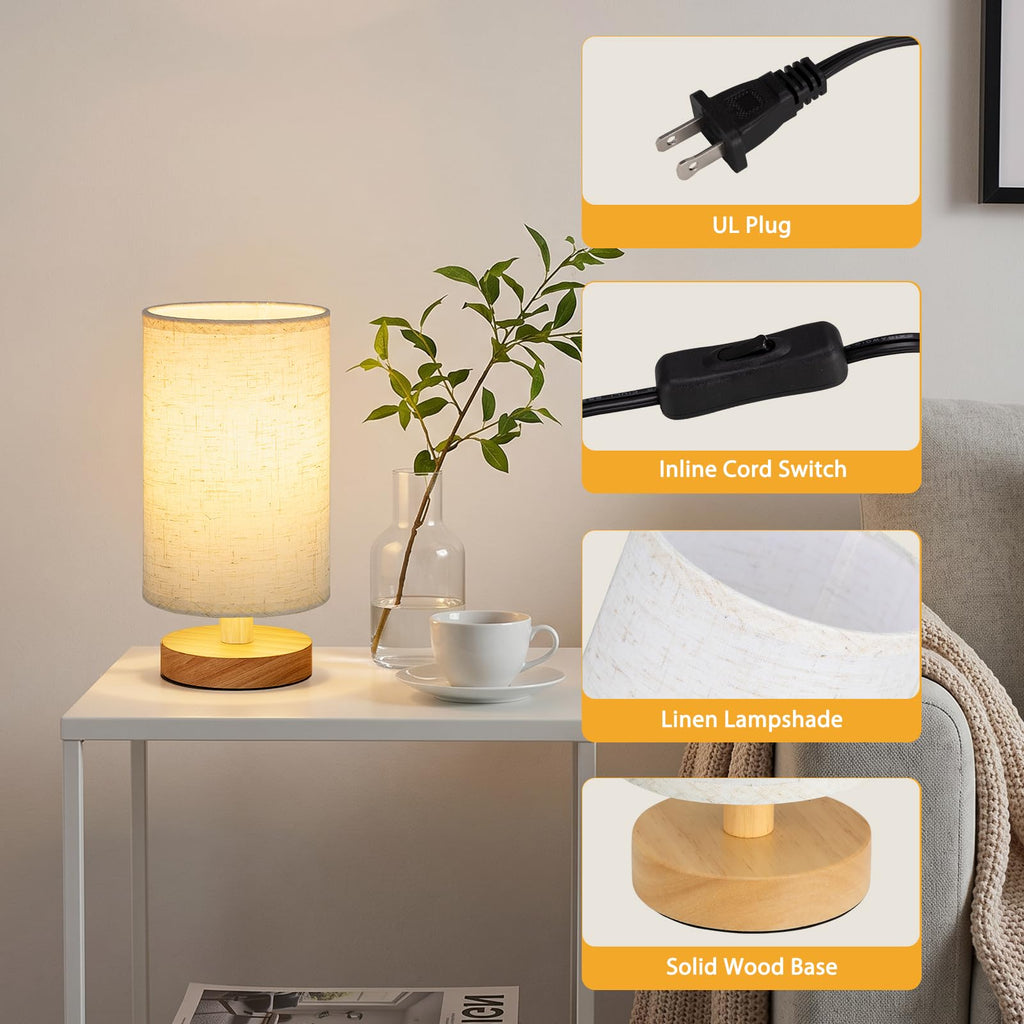 8.5" Small Table Lamps Set of 2 - Light Beige Shade & Wood Base