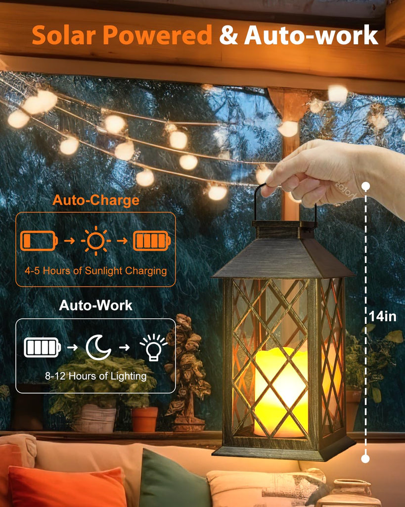Solar Lanterns Outdoor Waterproof 14" Flickering LED, 2 Pack, Bronze