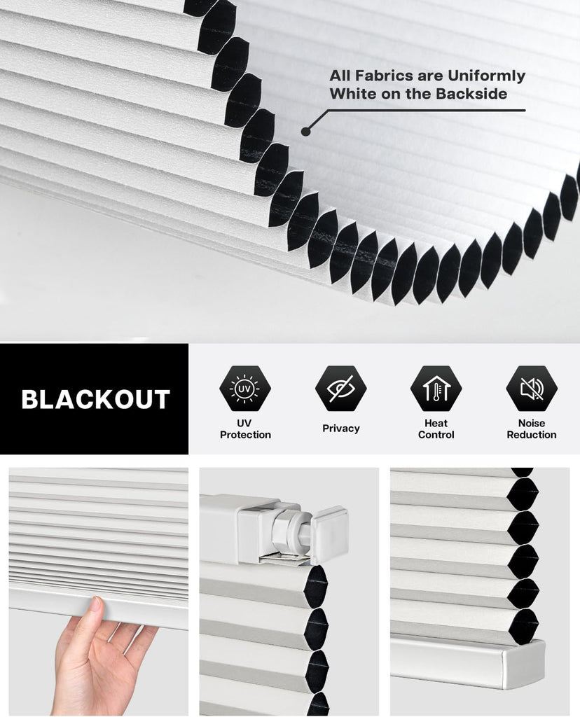 No Drill Blackout Cellular Shades, White | No Tools Cordless Honeycomb Blinds Thermal Insulated, Noise Reducing