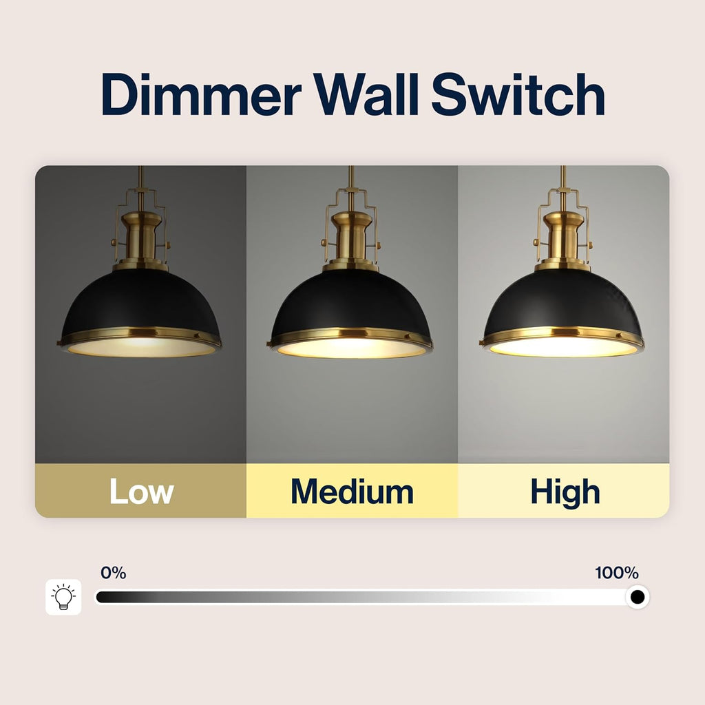 13" Black/Brass Gold Modern Industrial Iron LED Dome Pendant Light, Adjustable Hanging Fixture for Kitchen Island or