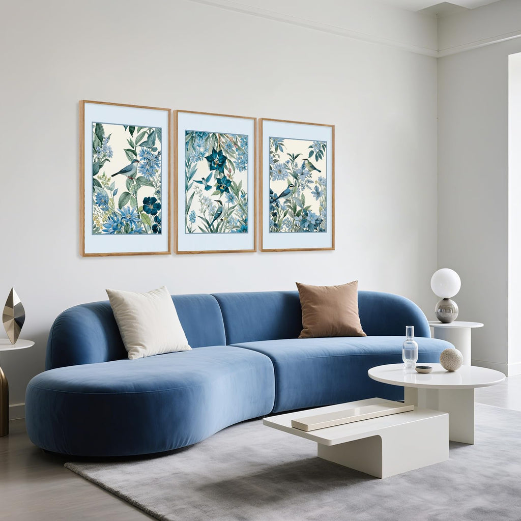3 Pcs Blue Birds Flowers Framed Canvas Wall Art 24x36 Inch