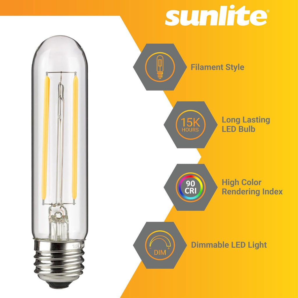 LED Filament T10 Tubular Light Bulb, 2 Watts (25W Equivalent), 160 Lumens, Medium E26 Base, 120 Volts, Dimmable, 90