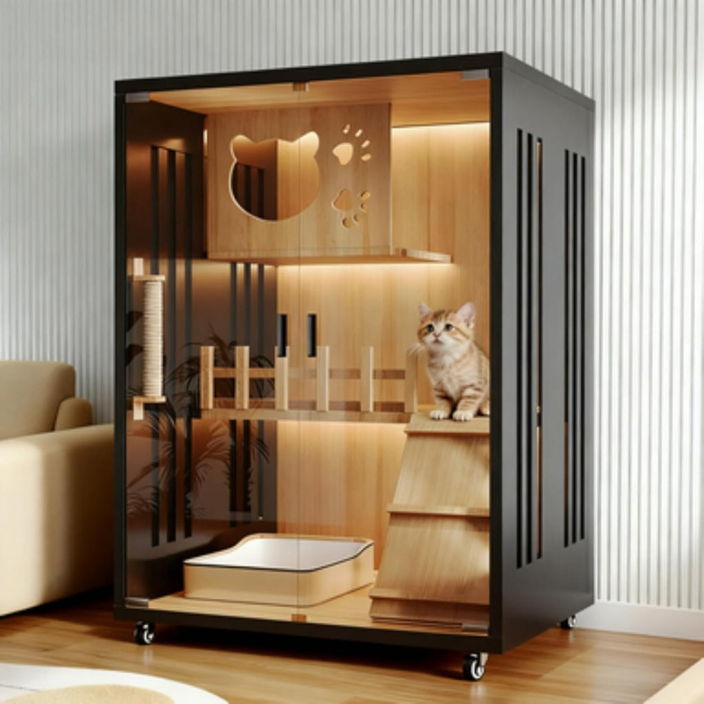 Black Cat House with Tempered Glass Door - Multi-Level Wooden Cattery Cage with Lockable Wheels, Easy to Move