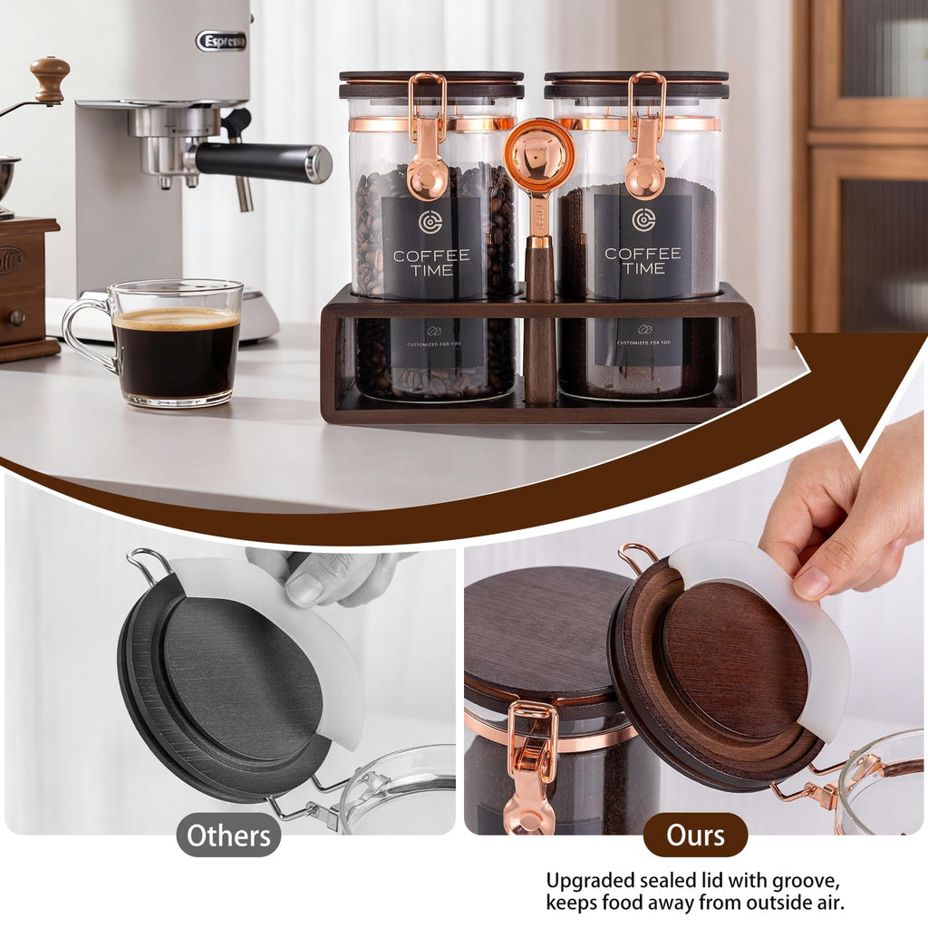 Glass Coffee & Sugar Canister Set, 2×45OZ Airtight Glass Storage Jars with Wooden Shelf and Scoop, Airtight Food