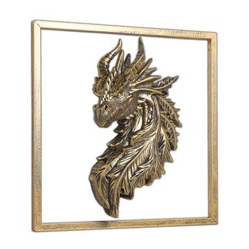 Gold Dragon Head Wall Decor with Metal Frame, Resin Fantasy Dragon Wall Hanging Sculpture, Retro Mythical Animal Head