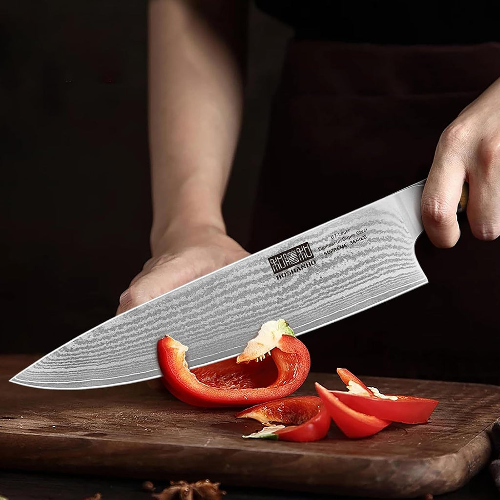 Damascus Knife Block Set 7PCS, Sharp Kitchen Knives with Sharpener | Professional Chef Knife Set | Japanese Super