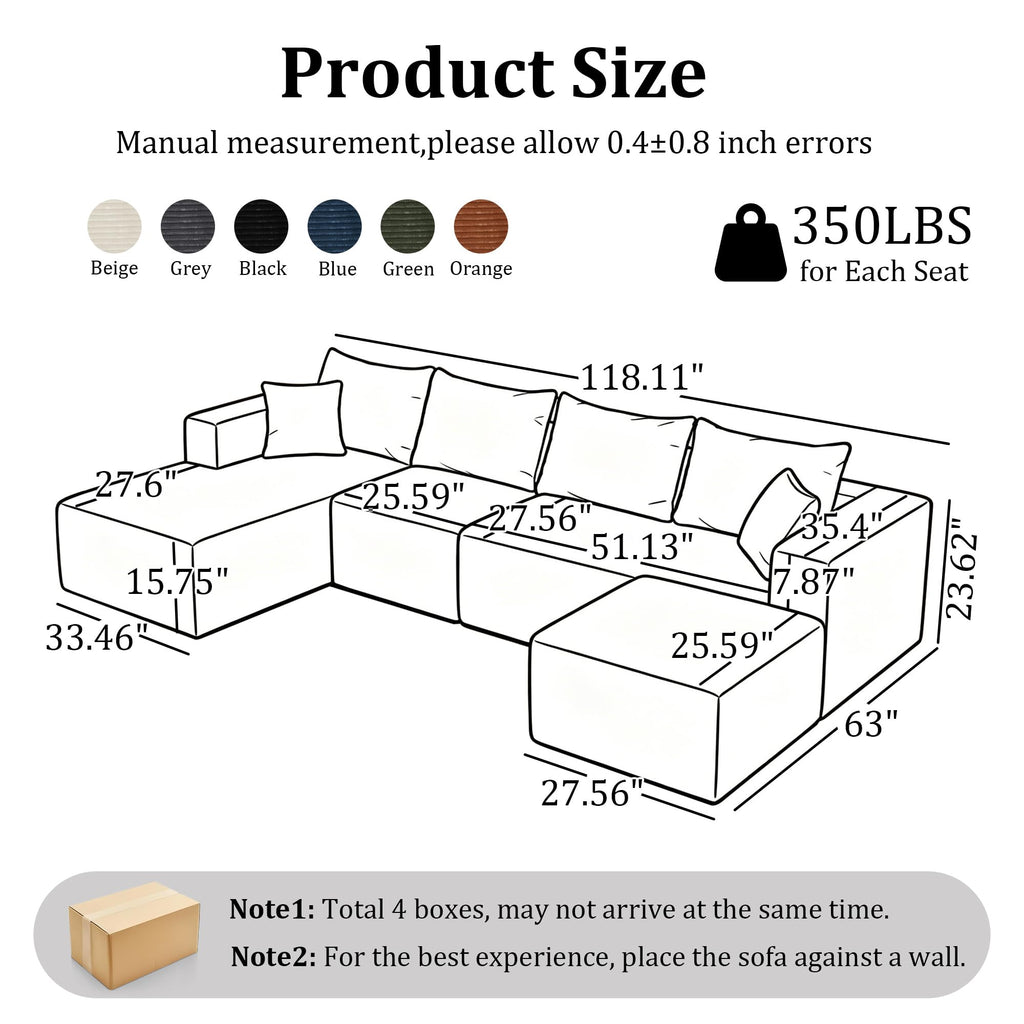 118'' Boneless Couch Sectional Sofa with Left Facing Chaise U-Shaped-Brown