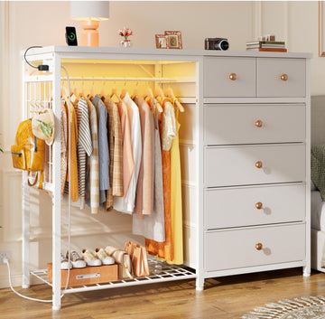 49.2" W Dresser with Hanging Rack & 6 Drawers, Grid Panel & 4 Hooks | Featuring LED Lights and Charging Station
