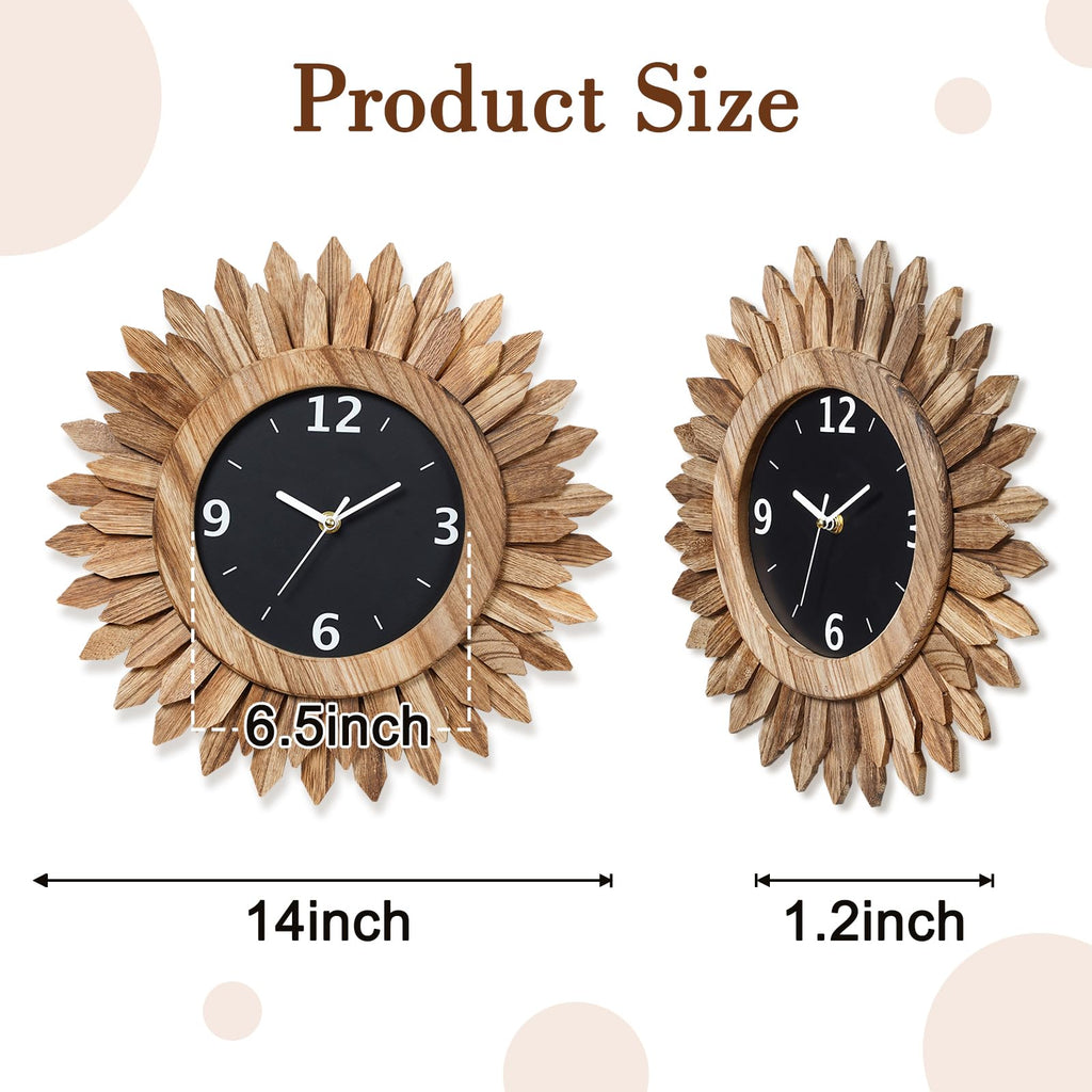 14 Inch Wall Clock, Rustic Wood Boho Sunburst Decorative Wall Clocks Battery Operated Silent Non Ticking Farmhouse