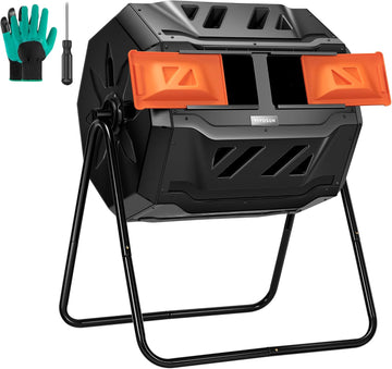 Outdoor Tumbling Composter Dual Rotating Batch Compost Bin, 43 Gallon Orange Door