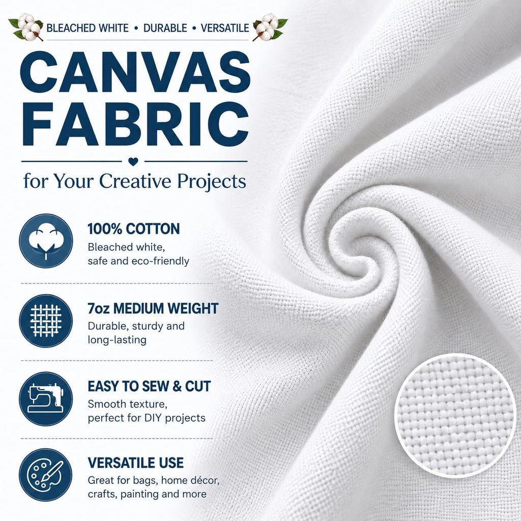 White Canvas Fabric, Premium 7 oz 100% Cotton Duck Canvas Fabric by The Yard, Heavy Duty Canvas Material for Sewing